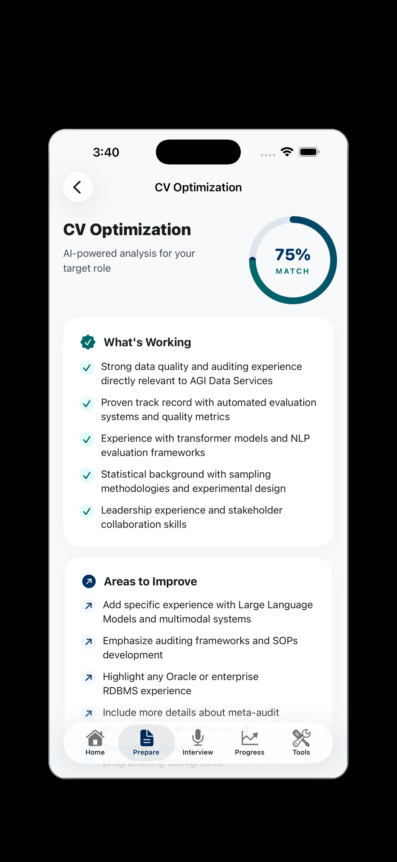 IntPrepAI CV Gap Analysis journey screen